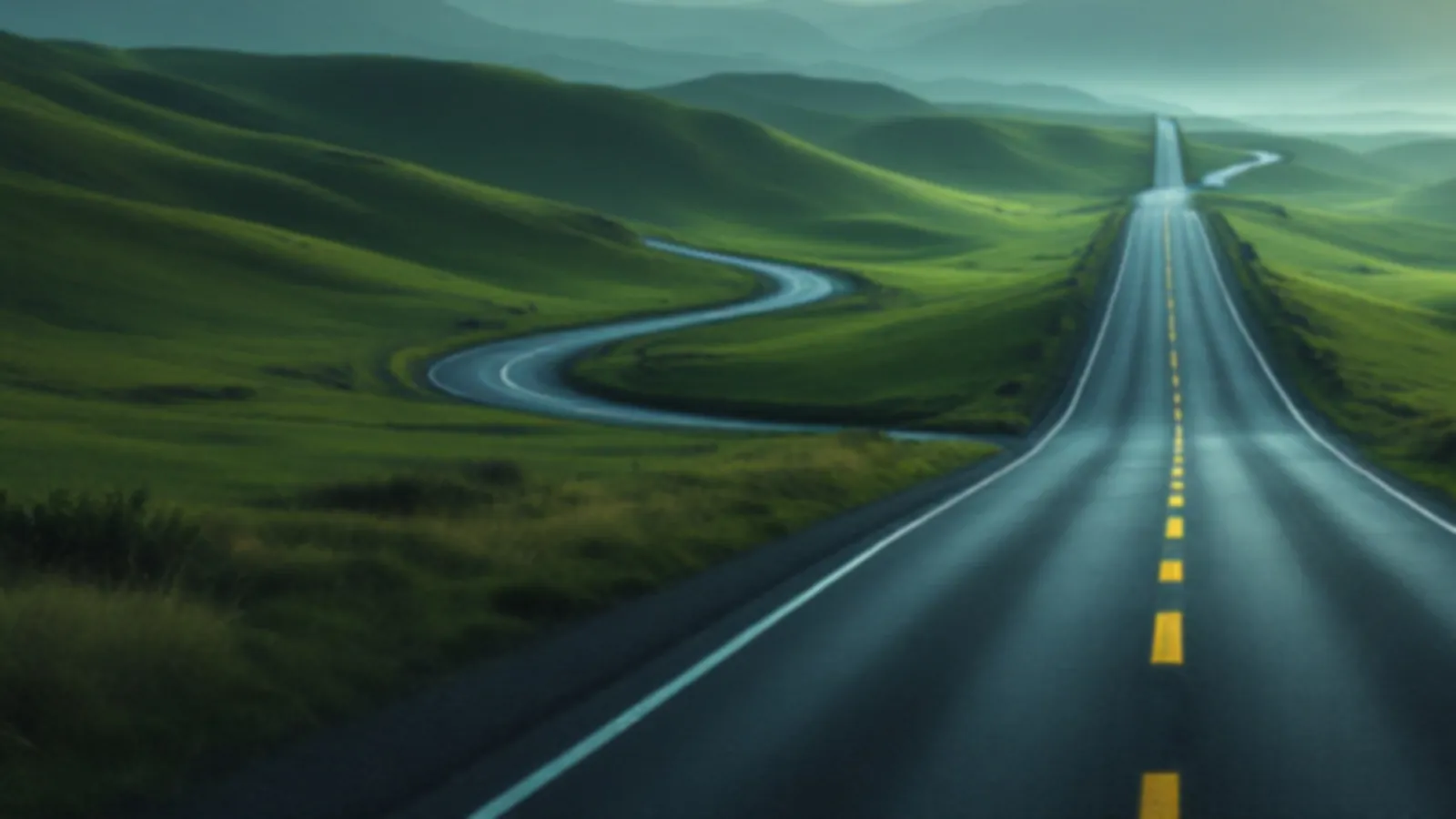 An empty road with three gentle bends through rolling green hills at sunrise, the CoupeQuotes view of loan quotes online, $100 – $5,000